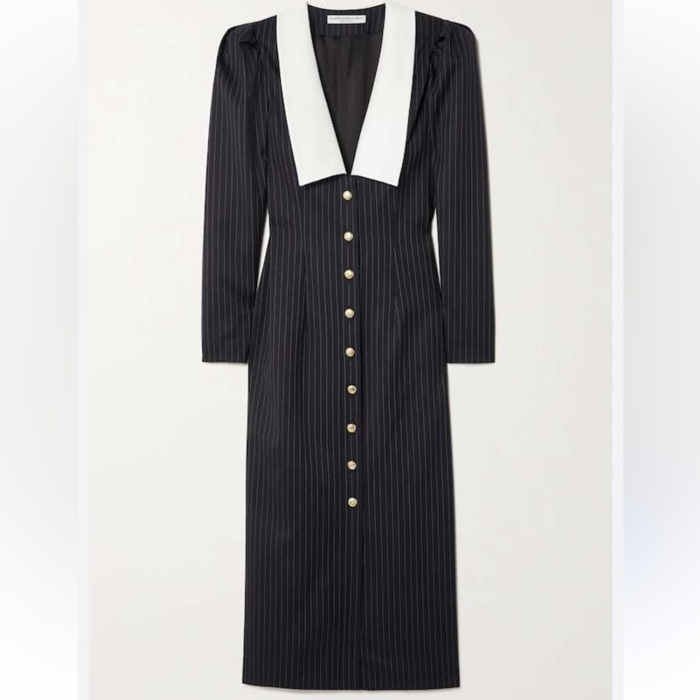 Nicole Studio Vintage Pin Striped Faux Pearl Button Blazer Dress Black
